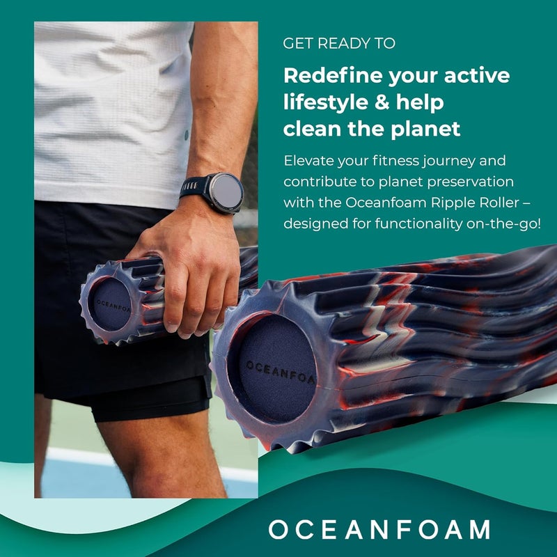 Oceanfoam Ripple Travel Foam Roller (11" x 3.35") Firm Mini Foam Roller for Physical Therapy, Deep Tissue Massage, Back Pain - High Density, Wave Textured - Yoga (Red, Dark Navy & Natural Marbled) - Image 2